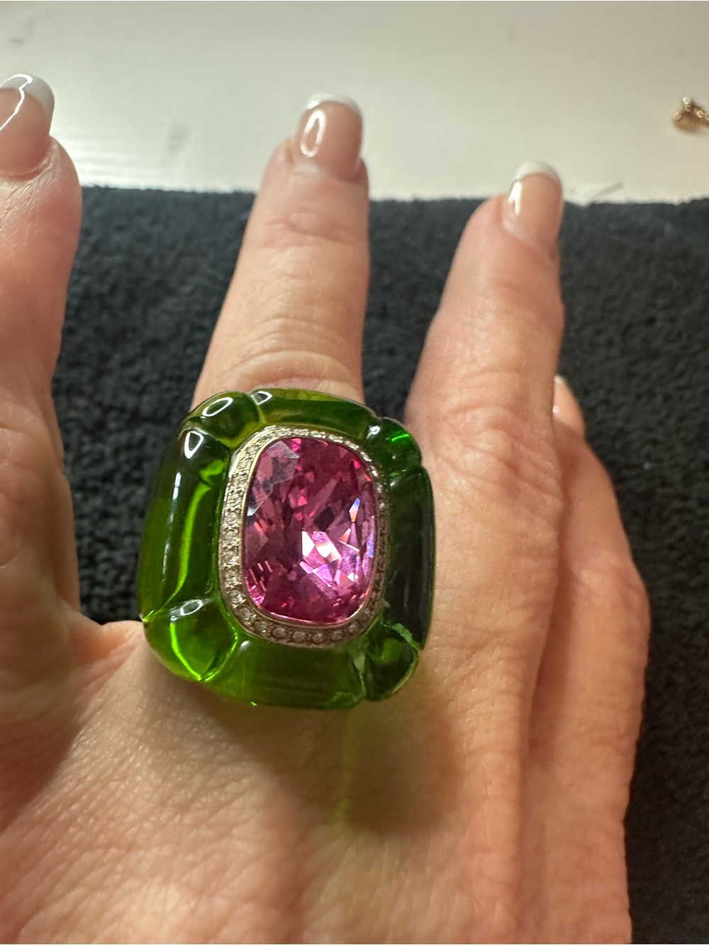 Swarovski Pink Center Green Glass Cocktail Ring